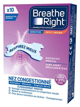 Doos met 10 Breath Right SENSITIVE Nasal Strips Medium Size
