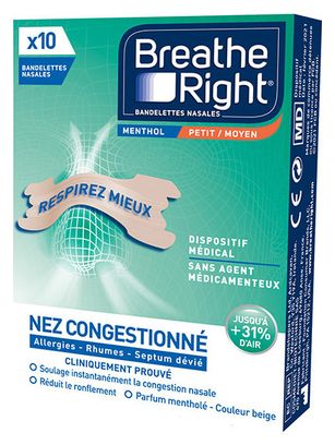 Box of 10 Breath Right MENTHOL NOSE TAPES (Medium size)