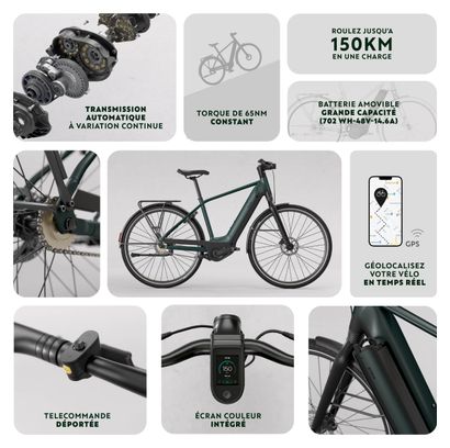 Vélo de Ville Électrique Btwin LD 920 E Cadre Bas Moteur Automatique Owuru 702Wh 700mm Noir