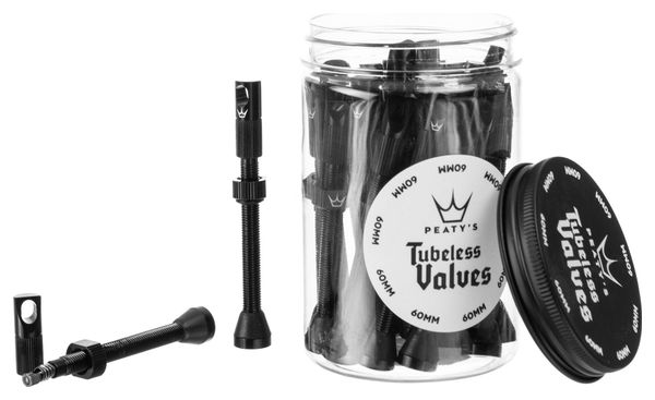Boîte de 26 Valves Tubeless Peaty's X Chris King 60 mm avec Bouchons Démonte-Obus Noir