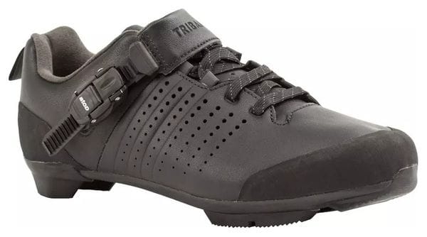 Zapatillas Triban 520 de cuero para bicicleta de carretera con cordones y hebilla SPD Touring Black