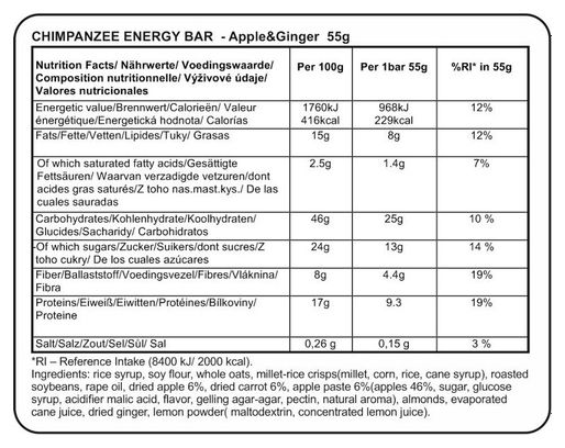 CHIMPANZEE Barrita Energética 100% Natural de Manzana y Jengibre 55g VEGAN