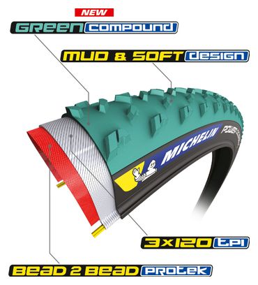 Copertone Michelin Power Cyclocross Mud Cyclocross Pneumatico 700 mm Tubeless Ready Folding Green