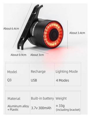 Rockbros Q3 Feux arrière de vélo LED avec système d'arrêt intelligent