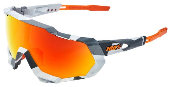 100% Speedtrap Brille - Soft Tact Grau Camo - Verspiegelte Gläser Hiper Mehrschicht Rot