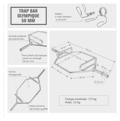 Barre hexagonale Olympique 50 mm - Shrug Bar/Trap Bar