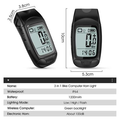 Ordinateur de Vélo 3en1 Phare Klaxon Compteur noir