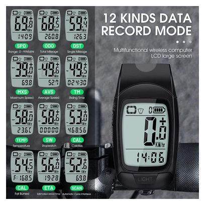 Ordinateur de Vélo 3en1 Phare Klaxon Compteur noir