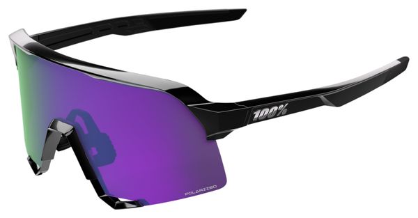 100% S3 Polished Black HiPER Polarized Sunglasses with Lavender Mirror Lens