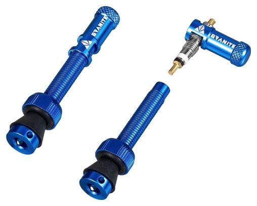 Coppia di valvole Tubeless Granite Design Juicy Nipple 45mm con tappi blu Bus Remover
