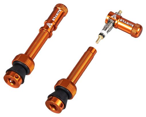 Paar Granite Design Juicy Nipple 45mm Tubeless ventielen met Oranje Bus Remover Caps