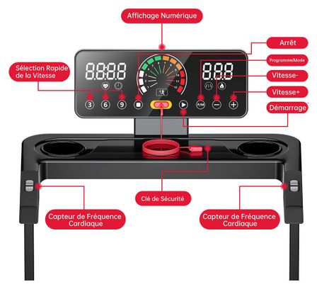 Tapis de course Fitness Q8 avec poignées pliable compact Noir avec tapis