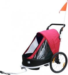 Remorque velo enfant - poussette couverte 2 places en alu maxi 36kg colori rouge avec roues 20  -fixation axe de roue - livre avec roue avant et poignee frein - pliable sans outil -