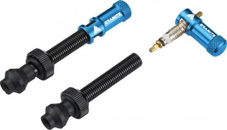 Pair of Granite Design Juicy Nipple Tubeless Valves 80 mm with Blue Shell Removal Plugs