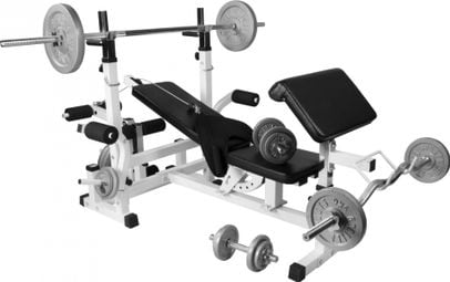 Banc de musculation universel Blanc GS005 avec supports et set d'haltères en fonte de 105 5 KG