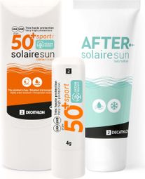 Kit Solaire Decathlon : Crème Solaire SPF 50+  Stick à Lèvres SPF 50+  Gel Après Soleil