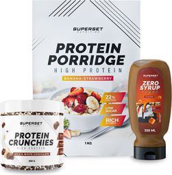 PACK PETIT-DEJ – PORRIDGE - PROTEIN CRUNCHIES Milk et White chocolate + ZERO SYRUP Caramel
