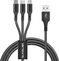 Sunslice Trident Câble USB 3-en-1 1 m USB-C  Lightning et Micro-USB 12W Noir
