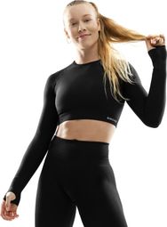 T-shirt crop top sport manches longues sans couture femme Fitness Tempo Noir