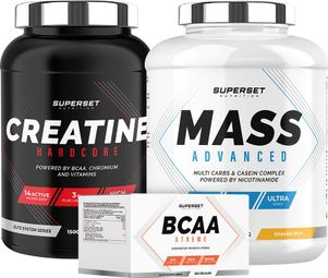 Programme Prise de Masse Confirmé - Mass Advanced 2 5kg Banana Split - Créatine Hardcore 1 5kg Orange - BCAA Xtreme