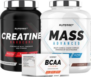 Programme Prise de Masse Confirmé - Mass Advanced 2 5kg Chocolat - Créatine Hardcore 1 5kg Orange - BCAA Xtreme