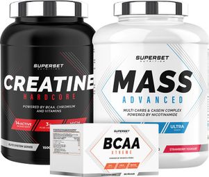 Programme Prise de Masse Confirmé - Mass Advanced 2 5kg Fraise Yogourt - Créatine Hardcore 1 5kg Tropical - BCAA Xtreme