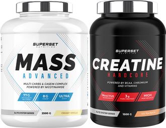 Programme Prise de Masse Avancé - Mass Advanced 2 5kg Vanille Crémeuse - Créatine Hardcore 1 5 kg Ice Tea Pêche