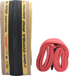 Pneu Route Vittoria Corsa Pro Control 700 mm Tubetype Souple Graphene Silica Compound Flancs Beiges +  Chambre à Air Competition Latex