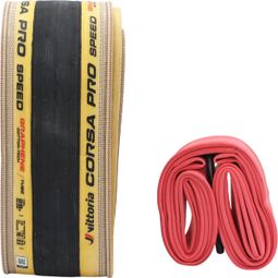 Pneu Route Vittoria Corsa Pro Speed 700 mm Tubetype Souple Graphene Silica Compound Flancs Beiges +  Chambre à Air Competition Latex