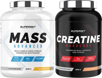 Programme Prise de Masse Avancé - Mass Advanced 2 5kg Banana Split - Créatine Hardcore 1 5 kg Ice Tea Pêche