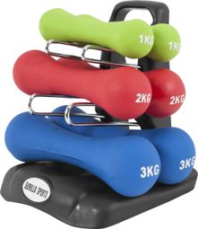 Kit d'haltères néoprène 12kg - Ergonomique Dumbbell Set (2x1kg  2x2kg und 2x3kg) + rack