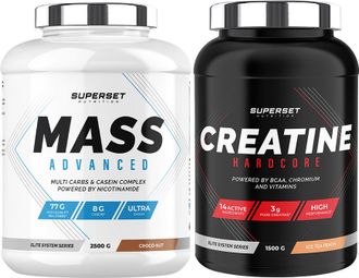 Programme Prise de Masse Avancé - Mass Advanced 2 5kg Choco Nut - Créatine Hardcore 1 5 kg Ice Tea Pêche