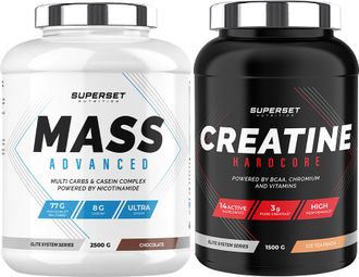 Programme Prise de Masse Avancé - Mass Advanced 2 5kg Chocolat - Créatine Hardcore 1 5 kg Ice Tea Pêche
