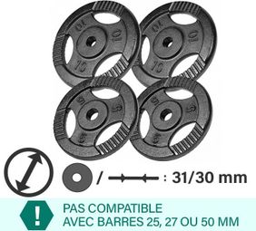 Poids disques en fonte - 31 mm - Noir - De 0 5 KG à 20 KG - Poids : 30 KG ( 2 X 5 KG ET 2 X 10 KG)