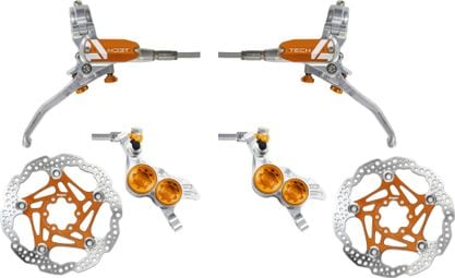 Pair of Hope Tech 4 V4 Aviation Brake Hoses Silver/Orange + Hope 6-Hole Discs