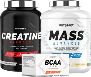 Programme Prise de Masse Confirmé - Mass Advanced 2 5kg Vanille Crémeuse - Créatine Hardcore 1 5kg Tropical - BCAA Xtreme
