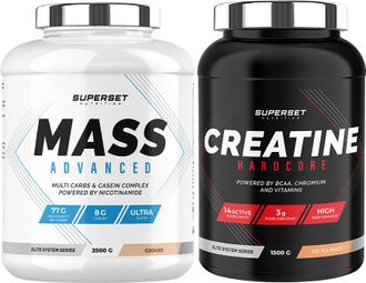 Programme Prise de Masse Avancé - Mass Advanced 2 5kg Cookies - Créatine Hardcore 1 5 kg Ice Tea Pêche