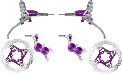 Paar Hope Tech 4 V4 Aviation Silver/Violet remslangen + Hope 6-gaats remschijven