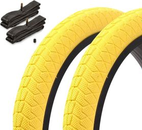 Set de pneus BMX 20 pouces x 1 95 pouces jaune + chambre à air AV KENDA