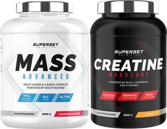 Programme Prise de Masse Avancé - Mass Advanced 2 5kg Fraise Yogourt - Créatine Hardcore 1 5 kg Orange