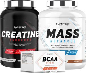 Programme Prise de Masse Confirmé - Mass Advanced 2 5kg Choco Nut - Créatine Hardcore 1 5kg Ice Tea Pêche - BCAA Xtreme