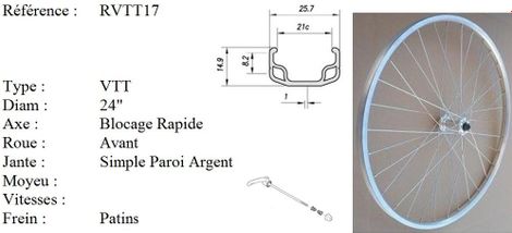 ROUE 24  VTT  AVANT  JANTE ALU SIMPLE PAROI ARGENT  FREIN PATIN  MOYEU ALU BLOCAGE RAPIDE.