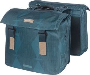 Basil Elegance Double Bicycle Bag - Polyester pour animaux de compagnie recyclée - Clôture de pliage de retenue - Système MIK - Bouchette Bleu