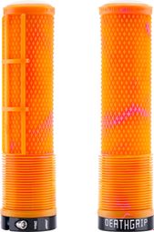 Pair of DMR DeathGrip2 Flangeless Lock-On Handlebar Grips, 135 mm, Orange/Bubblegum Pink
