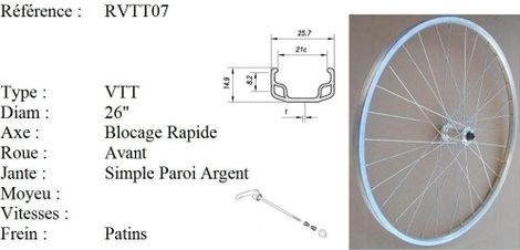 ROUE 26  VTT AVANT JANTE ALU SIMPLE PAROI ARGENT FREIN PATIN MOYEU ALU BLOCAGE RAPIDE.