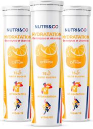 Electrolytes Hydratation - 5 Minéraux 4 Vitamines - Goût Naturel Citron - Lot de 3 tubes - 45 comprimés effervescents