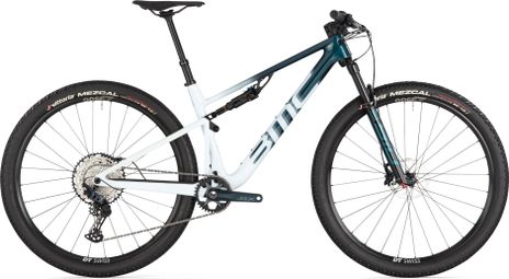 BMC Fourstroke Three Volledig geveerde MTB Shimano SLX 12S 29'' Donker Benzine Blauw Zand Wit 2024