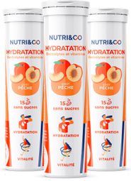 Electrolytes Hydratation - 5 Minéraux 4 Vitamines - Goût Naturel Pêche - Lot de 3 tubes - 45 comprimés effervescents