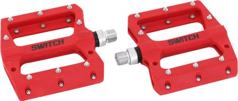 PEDALE VTT DESCENTE - BMX SWITCH JUMP ROUGE RESINE FILETAGE 9-16 AVEC PICOTS ARGENT (PAIRE)