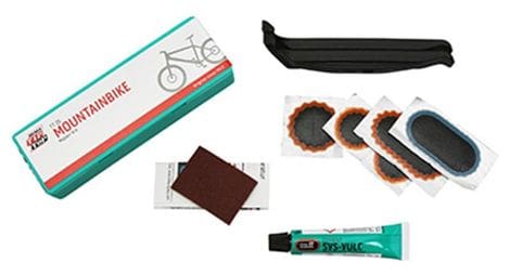 Kit reparation chambre a air tip top tt05 vtt avec outils- boite (2 patchs f0 15mm + 1 f1 25mm + 1 f2 45x15mm+ 1  f2 bleu reinf + colle 5g + papier ponce + 2 demontes pneus) avec notice (50601930)